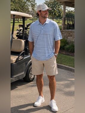 FootJoy Golf Polo Men’s Large Athletic Fit Navy Sky Blue Striped Sleeve Logo